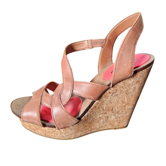 Lucky Brand Womens Cork Wedge Sandals Brown Strappy Shoes 9M/39 - Picture 1 of 7
